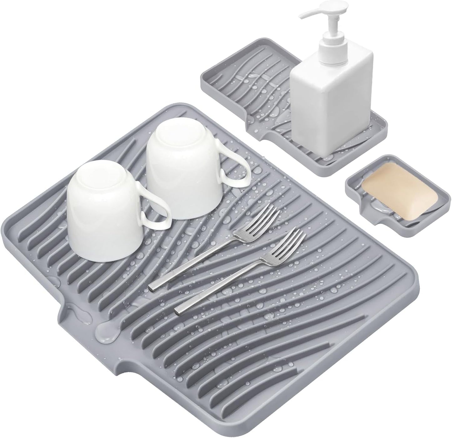 Silicone Dish Drying Mat for Kitchen Counter, Dish Drying Pad, Non-Slip Drain Pad with Built-in Drain, Heat Resistant Stone Drying Mat, 3 pcs (Grey)