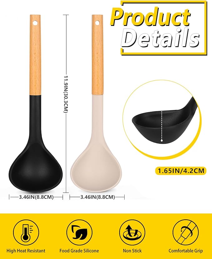 Pack of 2 Soup Ladle, Silicone Ladle Spoon with Wooden Handle, Large Non Stick High Heat Resistant Kitchen Utensils for Cooking, Stirring, Serving Soups(BLACK-KHAKI)