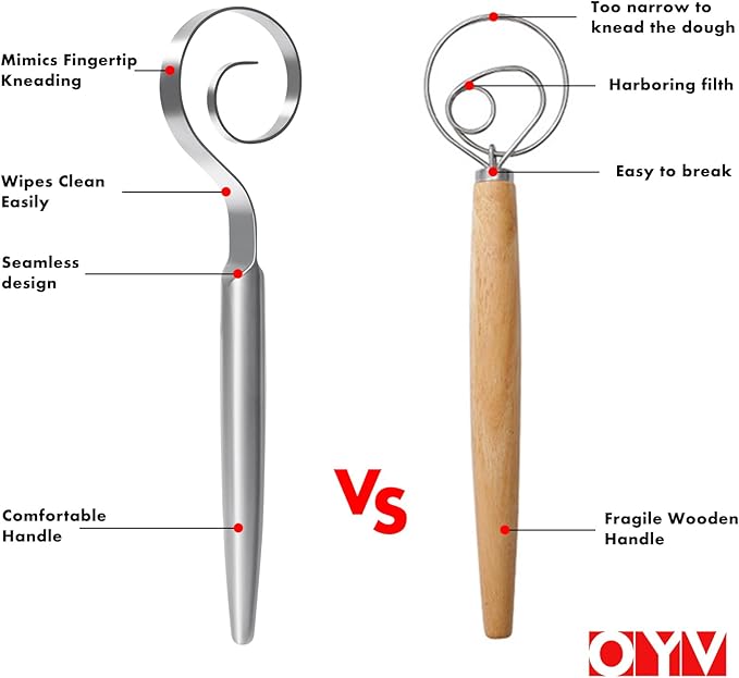 12" Seamless Dough Whisk, 18/10 Stainless Steel Bread Whisk, Danish Whisk for Sourdough, Pizza, Cookies, Pancake & Waffle, Easy to Clean Sour Dough Tools