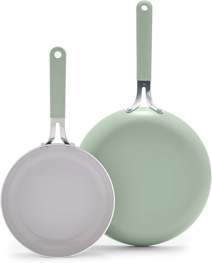 GreenLife 8” & 10” 2 Piece Nonstick Ceramic Frying Pan Set, Lightweight Healthy PFAS-Free Skillets, Dishwasher & Oven Safe, Durable Body, Silicone Stay-Cool Handles, Easy Release, Sage Green