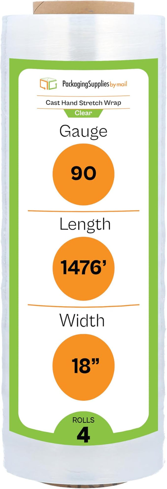 PSBM Stretch Wrap, 4 Pack, 17 Inch x 1476 Feet, 83 Gauge, Clear Plastic Cling, Cast Hand Stretch Film Rolls for Packaging Moving Packing Pallets