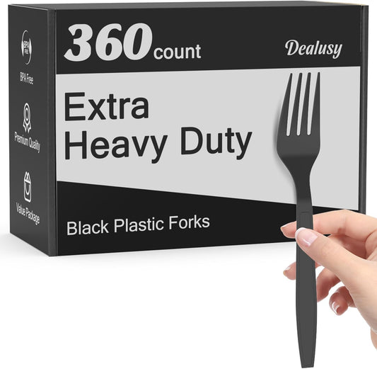 360 Count Extra Heavy Duty Black Plastic Forks Disposable, BPA-Free, Heat Resistant, Solid and Durable Disposable Forks Bulk, Premium Plastic Forks heavy duty for Party Supply