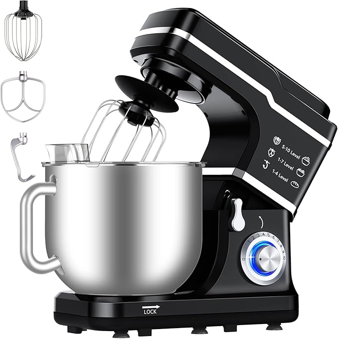 Garvee 7.5QT Stand Food Mixer, 10-Speed Tilt Head 3-IN-1 Kitchen Electric Mixer with Stainless Steel Bowl, Egg Whisk, Dough Hook, Beater, Splash Guard, Compact Dough Mixer for Home Cooks, Black