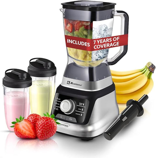 Koblenz Bob Blender, Countertop with Reversible motor, Speed Knob and 6 Functions, 1400-watt Motor, 68 oz. Capacity, Super Silent Operation, Includes 2 To-Go Cups and Tamper, Black/Chrome, LKM-9610