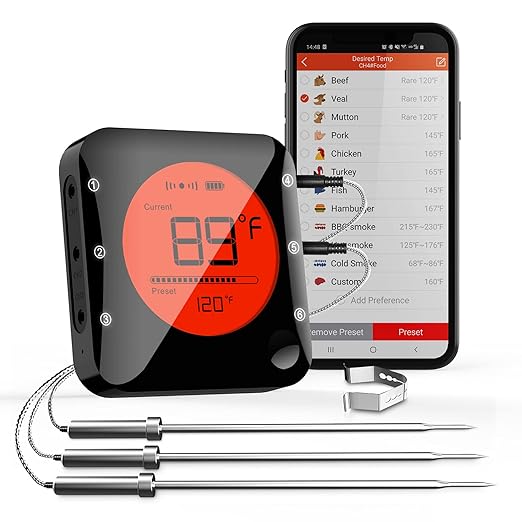 BFOUR Bluetooth Meat Thermometer Wireless Grill Thermometer with 3 Probes, Premium Digital Meat Thermometer Food Thermometer Timer Alarm for Smoker, Grill, Oven, Kitchen, Cooking, BBQ