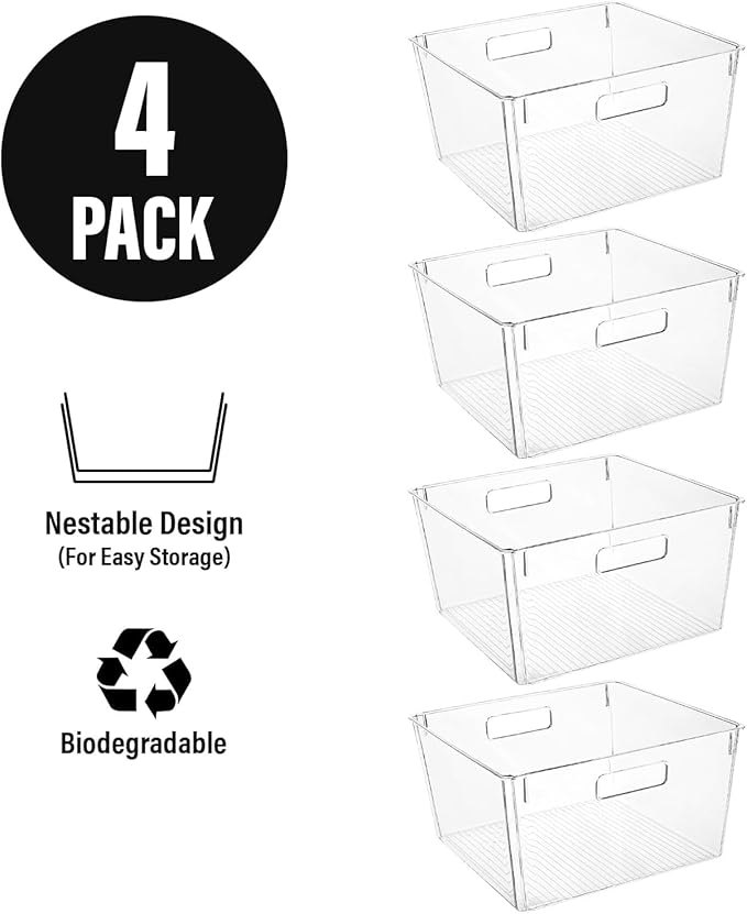 Extra Large Clear Plastic Storage Bins, Perfect for Kitchen Organization or Pantry Organization and Storage, Laundry Room, Fridge, Freezer Organizer Plastic Storage Containers for Organizing