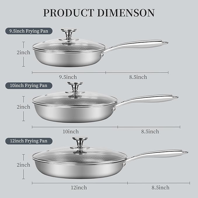 6 Piece Stainless Steel Frying Pan Set with Lids, Nonstick Honeycomb Frying Pan Set, 3pcs W/Stay Cool Handle, Skillet Works Pan for Cooking with Induction, Gas, Ceramic & Electric Stovetops