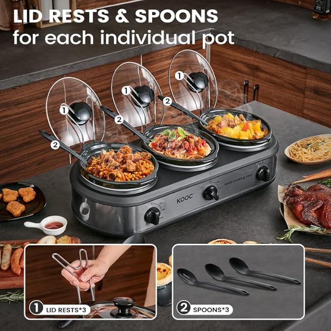 KOOC Triple Slow Cooker Buffet Server and Food Warmer 3x1.5 Quart Individual Temp Control With Lid Rests & Spoons With Liners Included Grey