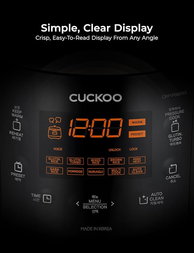 CUCKOO CRP-P0609S 6-Cup (Uncooked) / 12-Cup (Cooked) High Pressure Rice Cooker & Warmer with Nonstick Inner Pot, 12 Menu Options, Fuzzy Logic Tech, 3 Voice Guide, Auto Clean (Black/Copper)