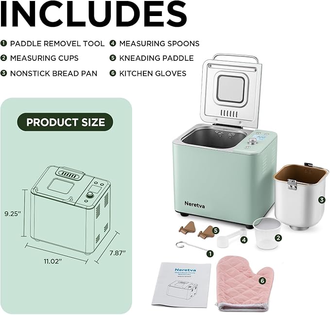 Neretva 20-IN-1 Bread Maker, Dual Heater 2LB Bread Machine Stainless Steel Bread Maker Machine Nonstick Ceramic Pan Compact for Gluten Free/Sourdough/Whole Wheat Bread/Yogurt, Breadmaker-Light Green