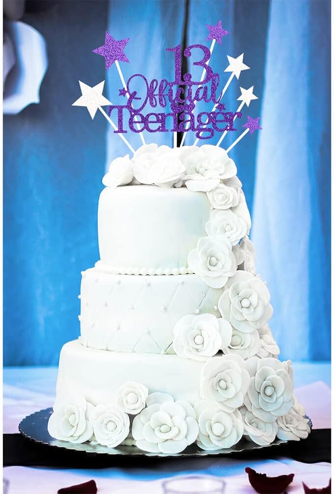 Glittery 13 Ofiicial Teenager Cake Topper with Star,13th Happy Birthday Cake Topper Party Decorations Party Supplies for Boys Girls Purple Silver