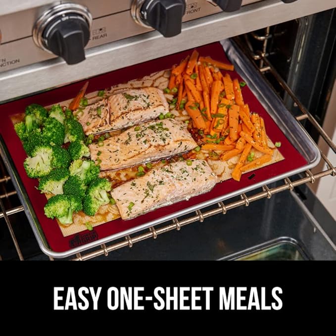 GORILLA GRIP Reusable Nonstick Silicone Baking Mat, 2 Pack, 16.5x11.87, BPA-Free Oven Safe Food Liner, For Cookie Sheets, No Mess Easy Clean Pastry Mats, Kitchen Essential, Half Sheet Size, Red