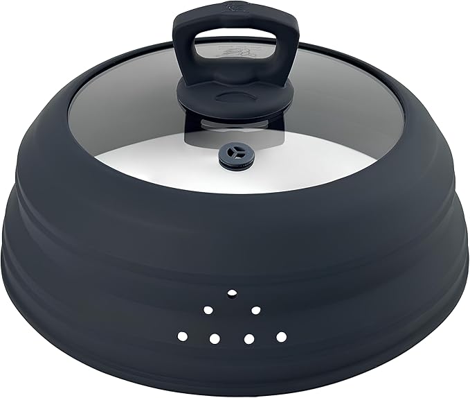 Microwave Splatter Cover Collapsible Silicone & Tempered Glass 10.8 Inch Microwave Cover for Food Splatter Guard with Steam Vents Dishwasher Safe Fits Bowls, Plates & Pots (Gray)