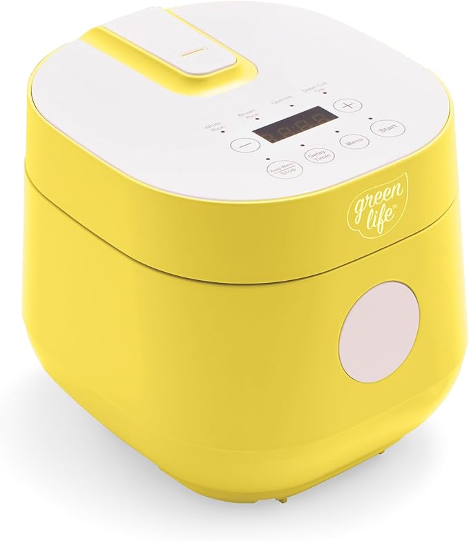 GreenLife Digital Rice Cooker, 2-Cups Uncooked/4-Cups Cooked, Removable Nonstick Ceramic PFAS-Free Pot, One-Touch Presets, Oats, Quinoa, Brown Rice, Auto Keep Warm, Fuzzy Logic Tech, 1.5 QT, Yellow