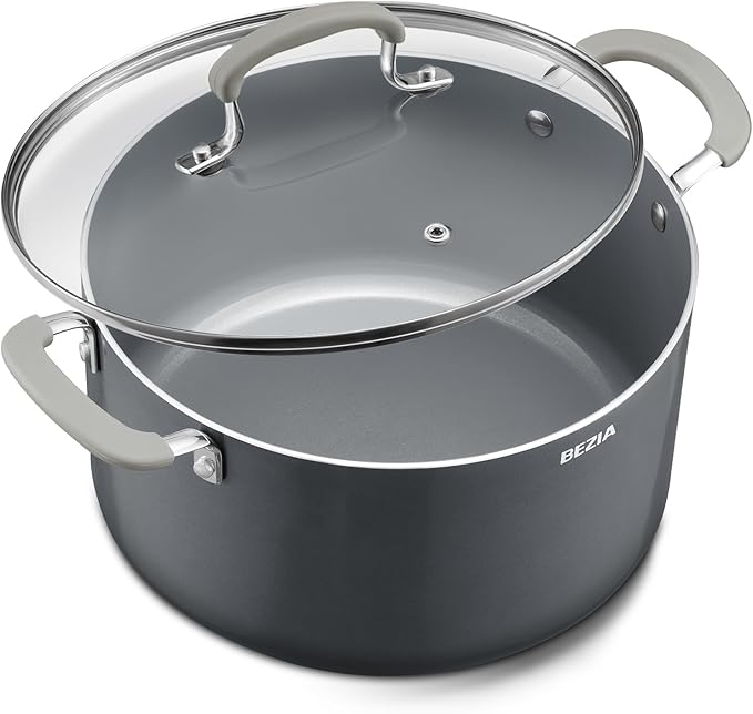6 Quart Pot with Lid, BEZIA Ceramic Nonstick Stock Pot with Lid, Induction Ready, Large Cooking Pot with Silicone Handle, Compatible with All Cooktops, Dishwasher Safe