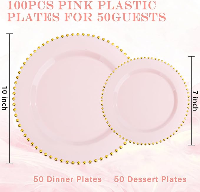supernal 100pcs Pink Plastic Plates with Gold Beads Plates Disposable Heavy Duty Party Supplies Includes 10.25inch Dinner Plate and 7.5inch Dessert Disposable Plate for Party,Wedding,Bridal Showers