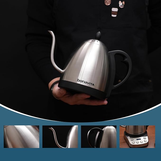 Bonavita Gooseneck Electric Kettle, Stainless Steel Water Boiler, Digital Variable Temp, Precise Pour Control, 6 Preset Temps for Pour-Over Coffee & Tea, Café, Home, 1 Liter, Stainless Steel Base