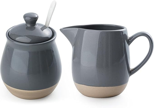 famiware Milkyway Ceramic Sugar and Creamer Set, 10oz Sugar Bowl & 13oz Creamer Set – Stoneware Milk Pitcher & Sugar Dispenser for Coffee Bar, Kitchen, or Countertop, Coffee Serving Set, Dark Gray
