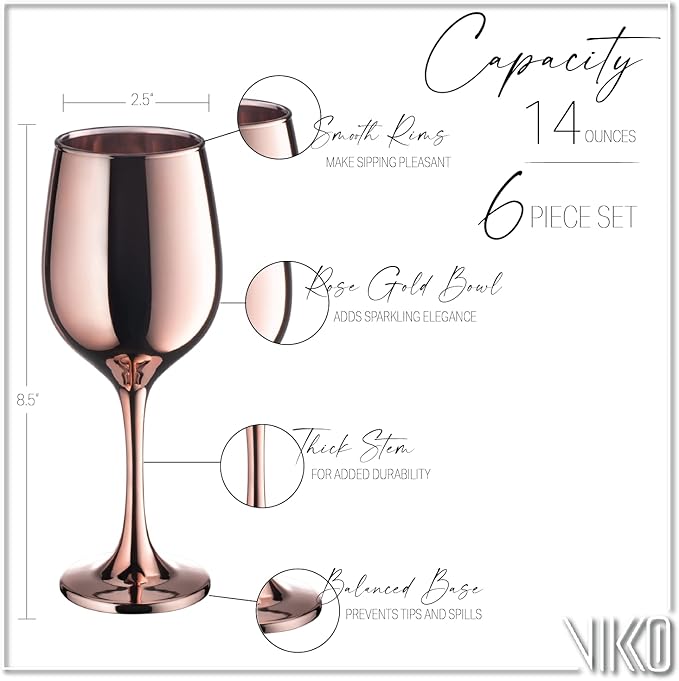 Vikko Décor Wine Glasses, Light Gold Wine Glass, 14 Oz Fancy Wine Glasses With Stem For Red And White Wine, Thick And Durable Wine Glass, Dishwasher Safe, Set Of 6