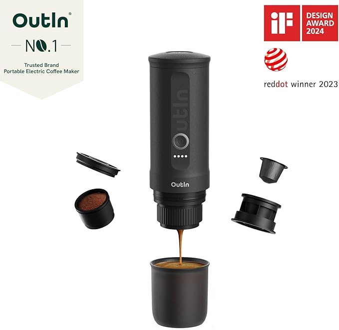 OutIn Nano Portable Electric Espresso Machine, Travel Coffee Maker for Camping, Car Coffee Maker Self-Heating with USB-C, With Ground Coffee & NS Capsule for RV, Hiking, Office