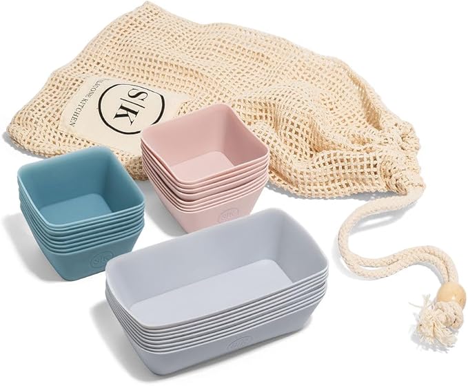 The Silicone Kitchen Reusable Silicone Bento Baking Cups, Non-Toxic, BPA Free, Dishwasher Safe Bento Box Accessories Lunch Box Dividers, Square and Rectangle, 24 Pack, Pink, Blue, Gray