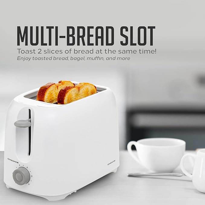 OVENTE Electric 2 Slice Toaster Machine with 6-Shade Browning Selector Setting, Compact Design and Removable Crumb Tray, 700W Power Perfect for Toasting Bread, Thin Bagels and Waffles, White TP2210WGY