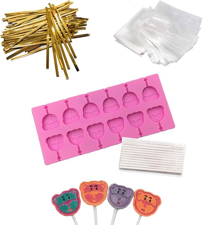 12 Capacity Silicone Bear Lollipop Mold Set, Sucker Molds and Chocolate Hard Candy Mold with 50pcs Lollipop Sucker Sticks, Candy Treat Bags, Gold Ties. (Bear)
