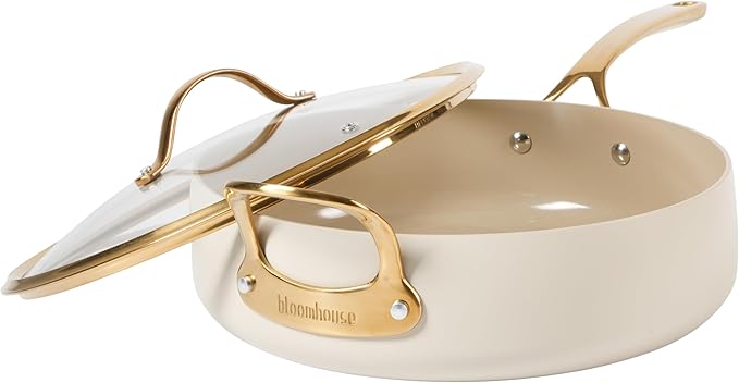 bloomhouse - Oprah's Favorite Things - 6 QT Heavy Duty Aluminum Premium PFA Free Ceramic Nonstick Saute/Deep Frying Pan Skillet with Lid - Almond Cream w/Gold Handle