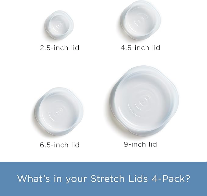 Stasher Premium Reusable Silicone Stretch Lids Variety 4-Pack, Clear, 9”, 6.5”, 4.5”, 2.5”, Airtight Seal, Food Container Covers, BPA Free, Leak-free, Dishwasher Safe, Microwave Safe, Eco-Friendly