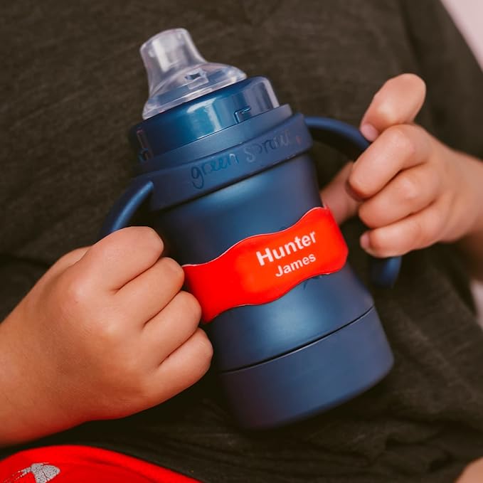 InchBug Orbit Labels - Baby Bottle Name Labels for Daycare, Sippy Cup Bands - Engraved Silicone, Reusable, Dishwasher Safe, White Contrasting Personalization, 4-Pack (Sea Glass)