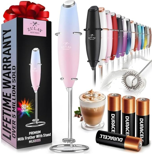 Zulay Kitchen Powerful Milk Frother Wand With 4 AA Duracell Batteries - Ultra Fast Handheld Drink Mixer - Electric Whisk Foam Maker for Coffee, Lattes, Cappuccino, Matcha & Creamer -