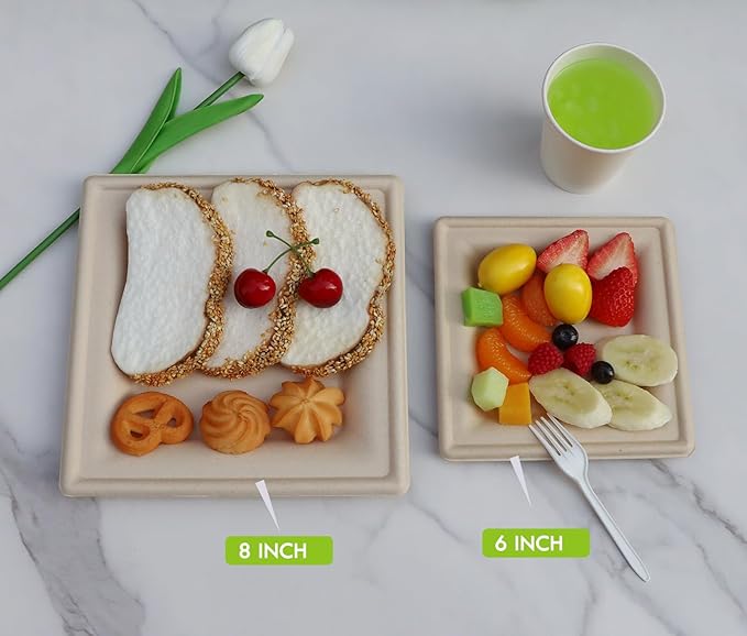 GreenWorks 6 inch and 8 inch Heavy-duty Compostable Plates (each 50 Count), 100 Count Bagasse and Bamboo Fiber Disposable Paper Plates