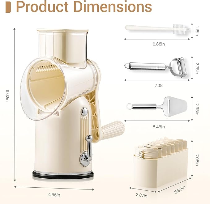 Rotary Cheese Grater Hand Crank,Emojoy 5-in1 Cheese Shredder Vegetable Chopper with Strong Suction Base, Rotary Cheese Graters for kitchen with Blade Storage Box, Included Cheese Slicer and Peeler