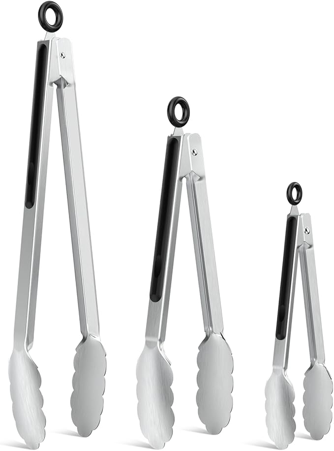 NileHome Tongs for Cooking, Professional Stainless Steel Cooking Tongs – Heat-Resistant for Grilling, BBQ, Serving Salad, Pasta, and Kitchen Use, Dishwasher Safe, Set of 7" 9" 12", Silver