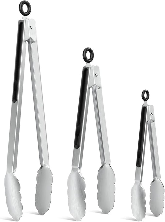 NileHome Tongs for Cooking, Professional Stainless Steel Cooking Tongs – Heat-Resistant for Grilling, BBQ, Serving Salad, Pasta, and Kitchen Use, Dishwasher Safe, Set of 7" 9" 12", Silver