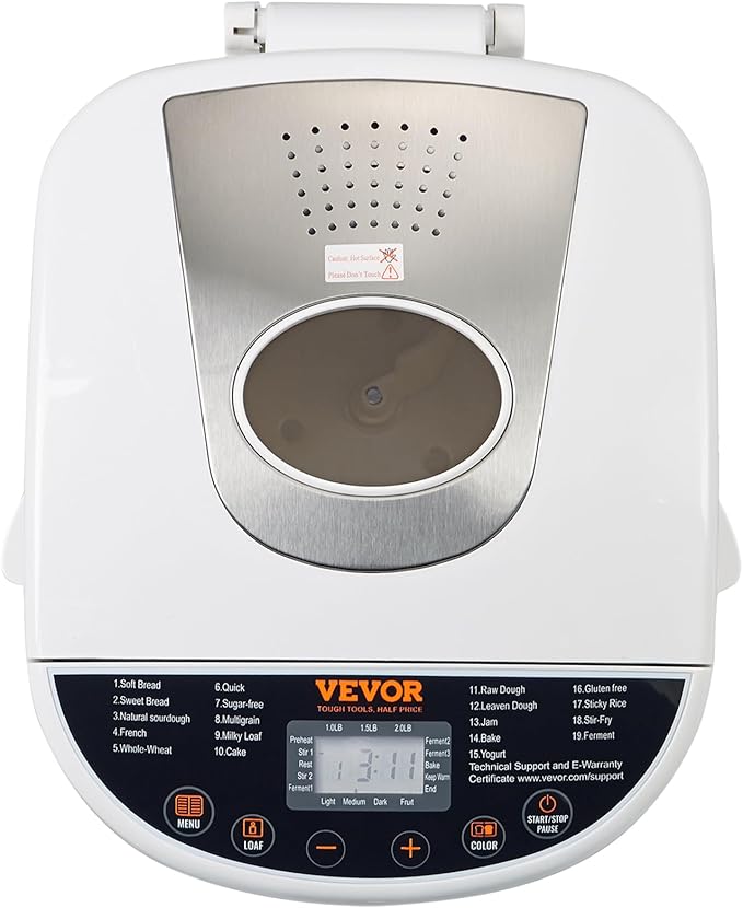 VEVOR Bread Maker, 19-in-1 2LB Dough Machine, Nonstick Ceramic Pan Automatic Breadmaker with Gluten Free Setting, Whole Wheat Bread Making, Digital, Programmable, 3 Loaf Sizes, 3 Crust Colors, White