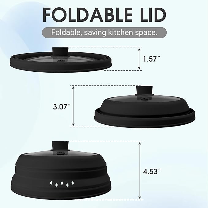 Microwave Splatter Cover Glass Microwave Cover for Food Collapsible Splatter Guard Lid with Silicone Handle for Pot Plate Bowl 9.8 Inch Black