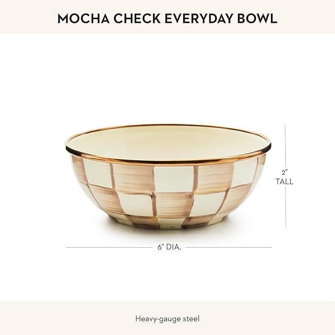 MACKENZIE-CHILDS Enamel Everyday Bowl, Serving Bowl for Entertaining, Extra Small, Brown-and-White Mocha Check