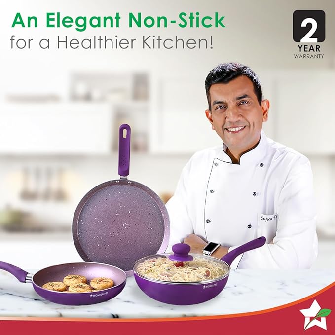 Wonderchef Royal Velvet Plus Induction Base Aluminium Nonstick Cookware 4-Piece Set Frying Pan, Wok, Dosa, Tawa StandardPurple