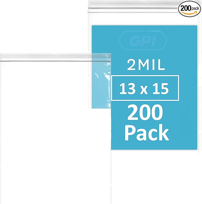 13" x 15" 2 Gallon Large Zip Bags, 2 Mil Thick Clear Plastic Reclosable Zipper Lock Bags with Write-on White Block, with Resealable Zip Top Lock for Food Storage & Office Supplies, 200 Count