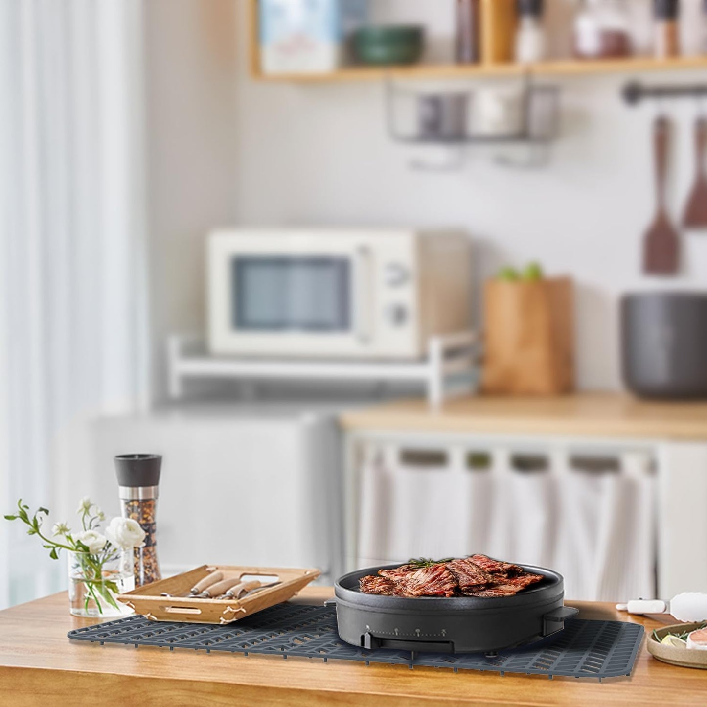 GUUKIN Sink Protectors for Kitchen Mat - 29"x 15.35" Silicone Kitchen Sink Mat Grid for Bottom of Farmhouse Stainless Steel Porcelain with 3 Reserved Holes（Grey）