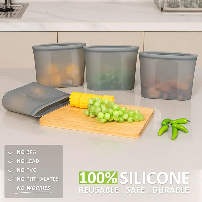 Reusable Storage Bags Quart Size, 4 Pack, 100% Silicone Stand Up Ziplock Reusable Silicone Food Storage Bags Sandwich Bags Containers, Freezer Microwave Oven Dishwasher Safe, Grey, 33.8fl.oz
