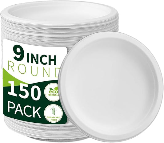 9 Inch Compostable Paper Plates 【White150 Pack】,100% Sugarcane Bagasse Medium Disposable Plates, Sturdy Heavy Duty, Biodegradable Dinnerware for Party, BBQ, Picnic, Camping