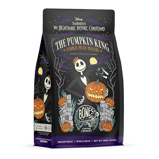 Bones Coffee Company The Nightmare Before Christmas Pumpkin King Flavored Coffee Beans, Whole Bean Coffee Medium Roast Low Acid, Pumpkin Pecan Praline Flavor (12 oz)