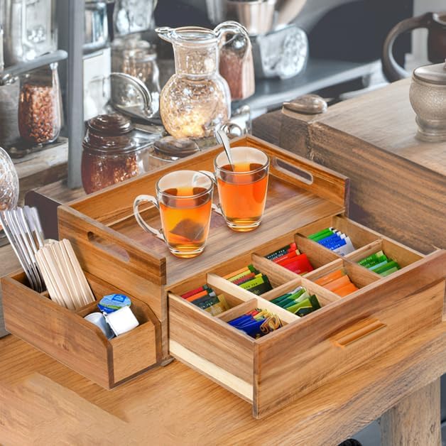 Acacia Wood Tea Bag Organizer, Wooden Tea Bag Storage Box Holder with Drawer for Kitchen Office Tea Bar Countertop