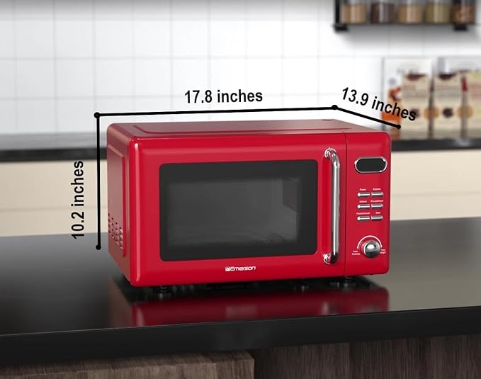 Emerson MWR7020RD Compact Countertop Microwave Oven with Button Control, LED Display, 700W 5 Power Levels, 8 Auto Menus, Glass Turntable and Child Safe Lock, 0.7, Retro Red