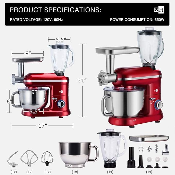 VIVOHOME 3 in 1 Multifunctional Stand Mixer with 6 Quart Stainless Steel Bowl, 650W 6 Speed Tilt-Head Meat Grinder, Juice Blender, Red