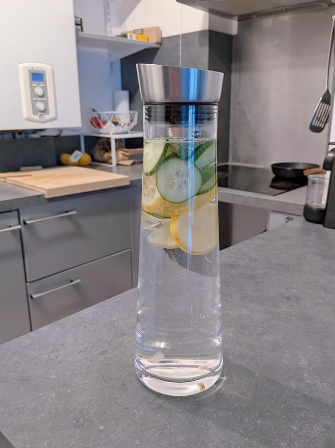 Glass Water Carafe with Lid,1200ml Glass Juice Pitcher with Stainless Steel Gravity Lid,Clear Water Pitcher for Ice Tea, Lemonade, Coffee,Juice Beverage,40 oz