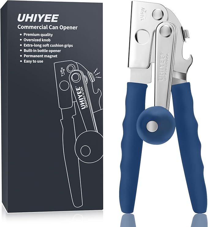 Commercial Can Opener, UHIYEE Hand Crank Can Opener Manual Heavy Duty with Comfortable Extra-long Handles, Oversized Knob, Large Handheld Can Open Easy for Big Cans, Blue