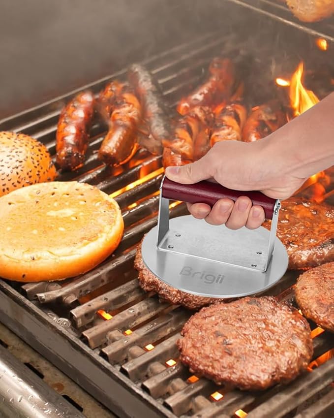 Brigii Burger Press Smasher, 1.5lb Heavy-Duty Stainless Steel, with Flat Nonstick Surface and Wooden Handle, for Hamburger Patty, Bacon, Steak, BBQ Grilling, Dishwasher Safe